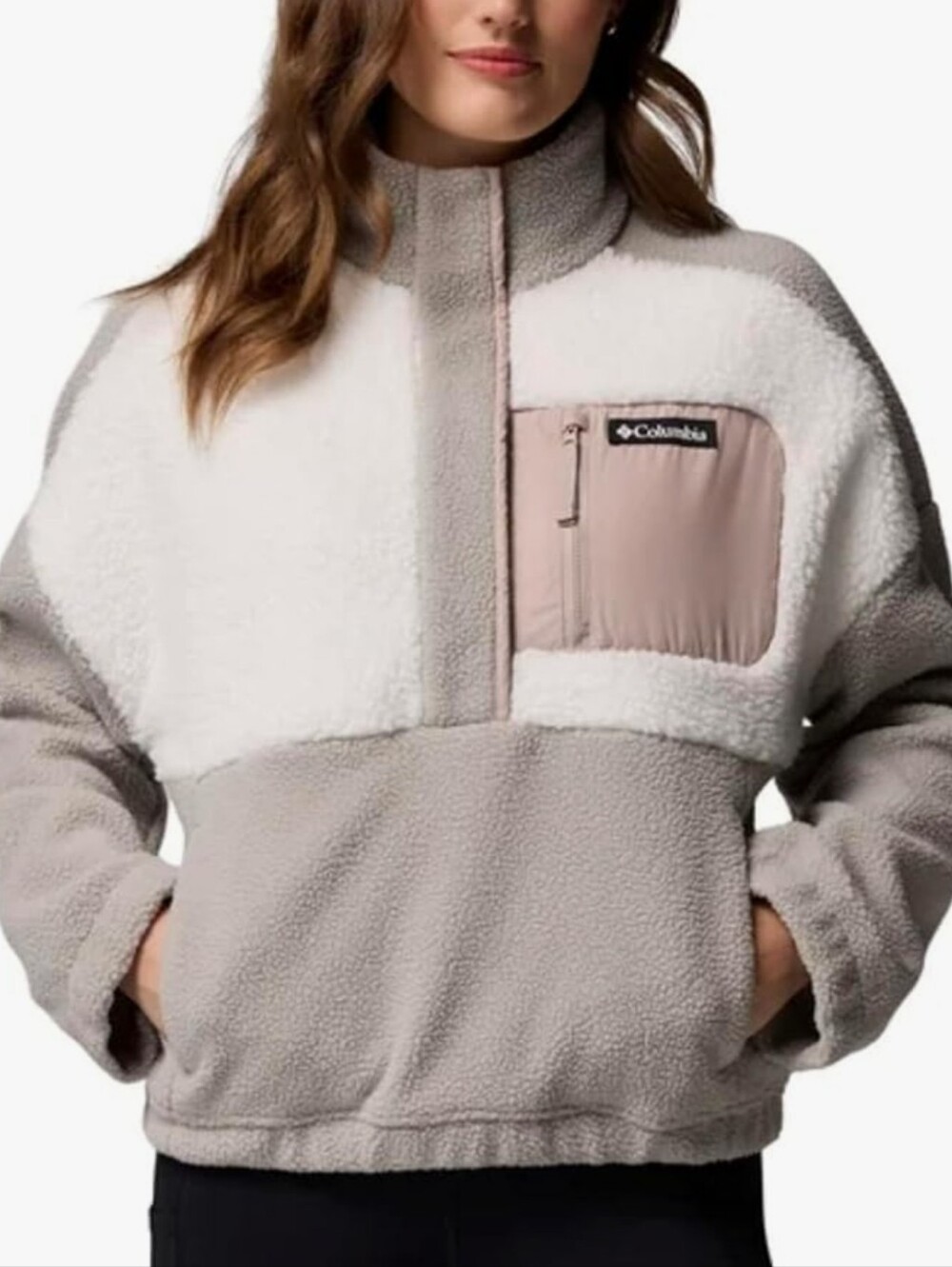 Columbia Cropped Colorblock Sherpa Half Snap Fleece Gray White Pink M - Picture 14 of 16